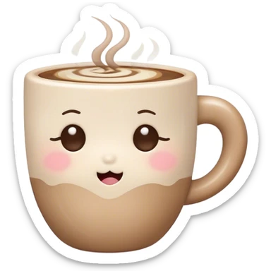 Cute Kawaii Coffee Cup, cozy and warm, a tiny swirl of steam shaped like a heart, round chubby face with a sleepy but content expression, soft pastel brown and cream colors, perfect morning vibes! sticker