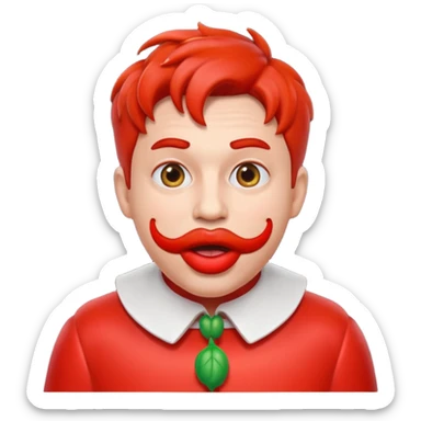 funny theater actor character who ate tomatoes, tomato sauce around mouth, dramatic expression, stage costume collar, 3D cartoon, mobile game icon style, clean background, no text, no watermark
 sticker