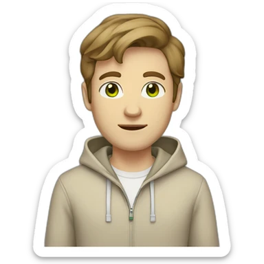 white guy in beige hoodie with brown hair and white shoes and  gray pants and green eyes standing sticker