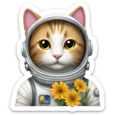 A cat wearing a spacesuit with flowers sticker