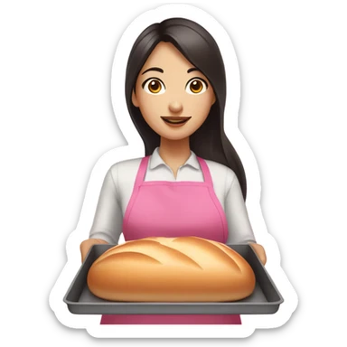 asian girl with long dark hair and brown eyes and big lips baking bread in a pink apron holding a bread pan sticker