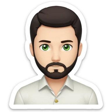 Man with a short full beard, Styled hair, Best looking man in the planet, onepiece style dark hair, green eyes, more anime style more maskulin. Wearing a white formal shirt, first buttons open macho style sticker