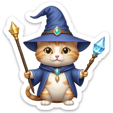 cat wizard with a pointed hat and magic wand sticker