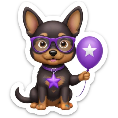 dog holding purple star balloon in hand with black glasses sticker