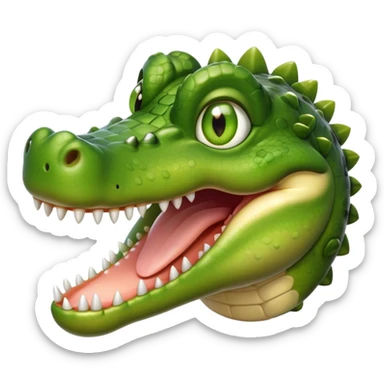 Cinematic Realistic Cute Crocodile Portrait Emoji, Head tilted playfully and inquisitively, featuring a robust, well-defined build with intricately detailed, glossy olive-green scales and a surprisingly endearing face with round, sparkling eyes full of unexpected charm, rendered with lifelike texture and natural highlights, high shine, affectionate and spirited, styled with a touch of wild whimsy, soft glowing outline, capturing the essence of a mischievous yet lovable crocodile that seems poised to snap playfully out of the screen into your arms! sticker