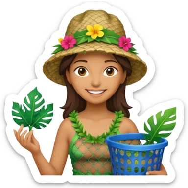Hawaiian woman with leaf hat and big trash net and colorful cloth sticker