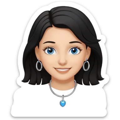 White Girl with black shoulder length hair slightly curly, has a tan, blue eyes, nose ring hoop sticker