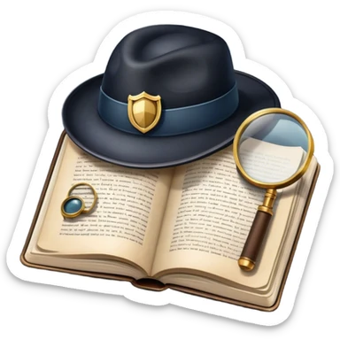 Icon for Detective Reading: an open book with text and a magnifying glass, a detective’s hat and a notebook with clues, surrounded by dark shadows and mysterious elements like footprints. Transparent background. sticker