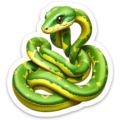 cinematic-green tree python-realistic-full-body-coiled-emoji,-thick-scaled-body-looped-tightly,-intricate-yellow and white-patterned-scales-reflecting-light,-head-tilted-dramatically,-cute-eyes-staring-calmly,-simplified-yet-realistic-focused-feature sticker