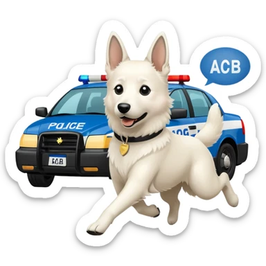 White belgian Shepard Runs away from police car and says "ACAB" sticker