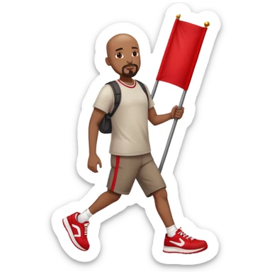 Bald black man with a white goatee in sneakers carrying a red flag sticker