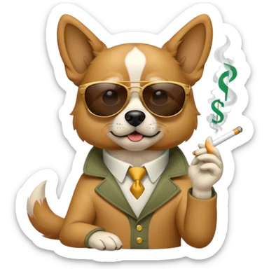 A dog with sunglasses is smoking a cigarette, dollars are flying at him. sticker