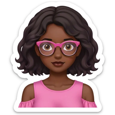 dark skinned girl wearing glasses with wavy black shoulder length hair and a pink top sticker