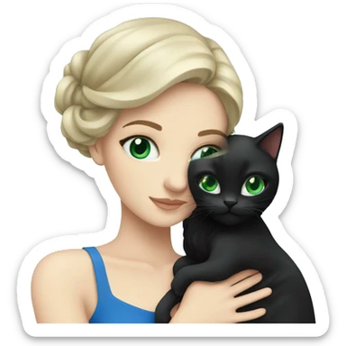 White brunette with blue eyes hugging black cat with green eyes sticker