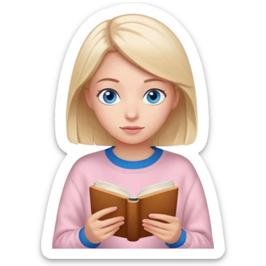 Pretty blue eyed white girl with light pink sweater reading cozy sticker