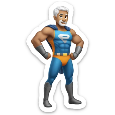 Man with gray hair and a new knee looking like a superhero sticker
