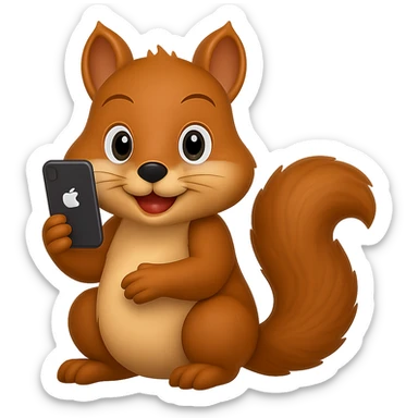 Edit this apple style emoji squirrel so it is only holding a single phone instead of two phones, remove one phone, keep the apple emoji style consistent, and remove the background. sticker