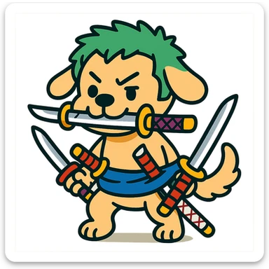 cute dog cosplaying Zoro, green hair, three swords, blue sash, cartoon style sticker