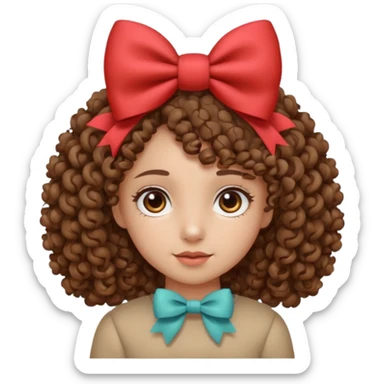 Make a girl with curly hair brown eyes and a cute bow on her head sticker