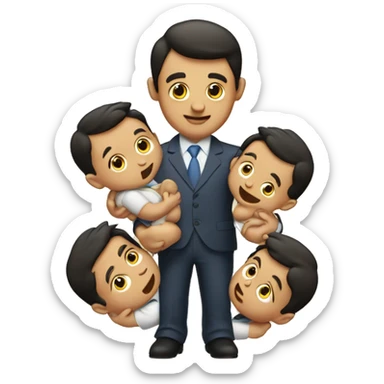 A businessman with 2 babies, one in each hand, each biting his hand sticker