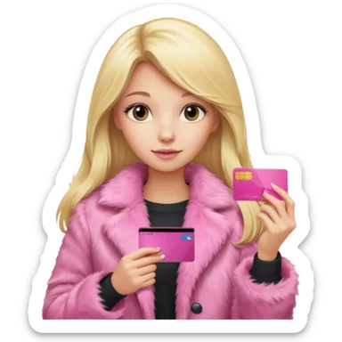blonde girl with long hair, pink fur, holding pink credit card sticker