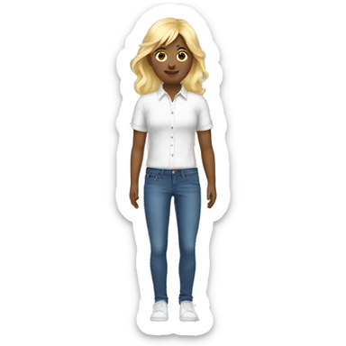 blond hair with bang and long hair with a white shirt and a jeans and shoes sticker
