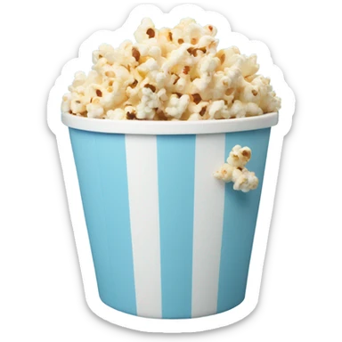 Popcorn in a pale blue popcorn bucket with stripes sticker