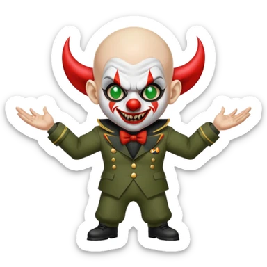 evil clown, bald, short devil horns on forehead, fangs, pointed ears, black and military green leisure suit, battle-ready fighting posture sticker