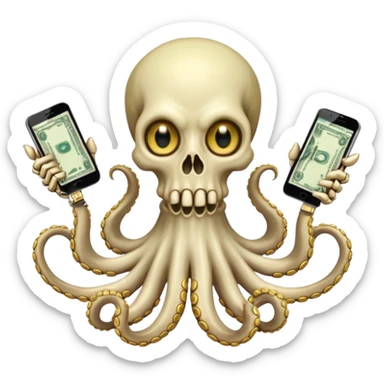 satanic octopus skeleton. Evil looking eyes, wearing a gold necklace. 2 tentacles are holding their own cellphones, 2 other tentacles are holding stacks of money sticker