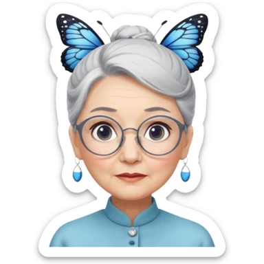 A beautiful grandmother with a delicate face and white/grey hair styled in high buns. She has steely blue/grey eyes and an intense gaze, and wears pretty glasses with butterfly frames. No background sticker