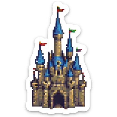 pixel art style banner with a fantasy castle silhouette sticker