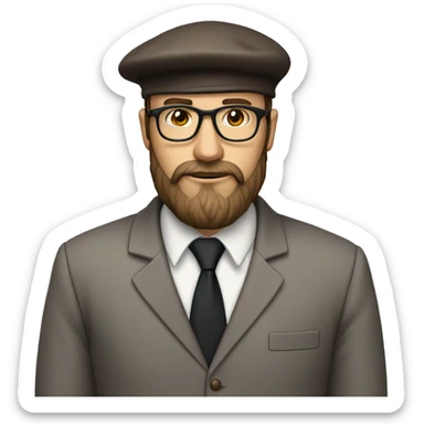 man, long brown beard, white skin, suit, brow shoes, glasses, beret hat, full-body(slim) sticker