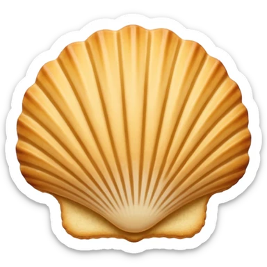 A madeleine pastry. Scalloped seashell shape with four to five vertical lines going in the same direction. Light golden brown. Scalloped edge. Cookie. Flat. sticker