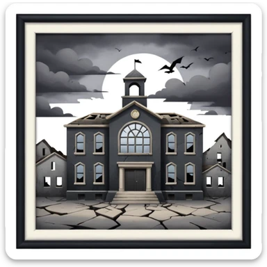 A broken/abandoned school with cracks and dust  with no back ground in an abandoned place with a blackish greyish sky  sticker