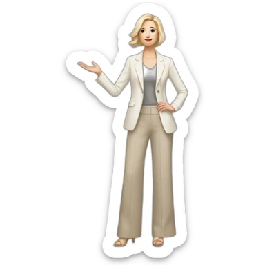 Full height Actively gesturing with hands pale skin woman with ash blonde Straightened bob Hair, White Spacious classical jacket, beige palazzo Arrow pants and gray blouse sticker