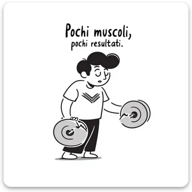 Uomo che si allena con i pesi ma solleva carichi leggeri, muscoli poco visibili, espressione scoraggiata, testo in italiano: “Pochi muscoli, pochi risultati”. sticker