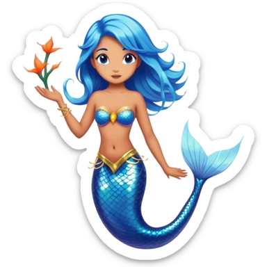 Cinematic Realistic Blue Hair Mermaid Portrait, depicted with lifelike, sun-kissed tanned skin that exudes a warm, radiant glow under gentle underwater lighting. Her intricately detailed, flowing blue hair cascades like a waterfall of ocean hues, framing deep, mesmerizing eyes that capture the vibrant spirit of the sea. Adorned with a shimmering tail and delicate tropical accents, the portrait features an enchanting underwater glow that blends realism with mythic coastal allure. sticker