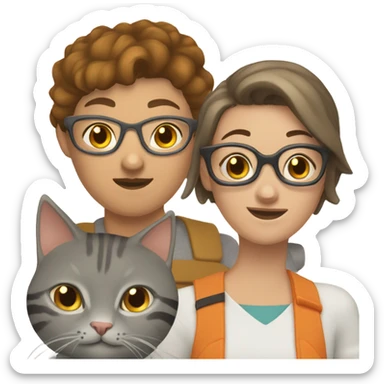 brunette girl with buzzcut and glasses with one grey tabby cat and one brown and orange cat sticker