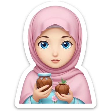 Turkish beautiful finish Konya girl blue eyes with pastel sakura hijab islamic dress and had on her hand dates sticker