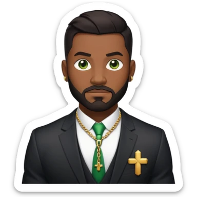 green eyes, dark short hair, muscular shoulders, wide cross, gold chain, big lips big nose big eyes, masculine good looking, dark beard wearing a suit sticker