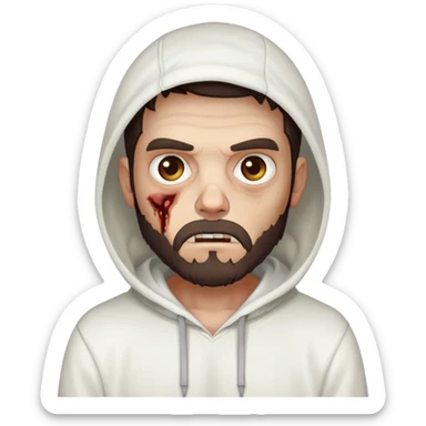 thinking zombie wearing plain white hoodie with no designs, dark brown hair and short full beard sticker