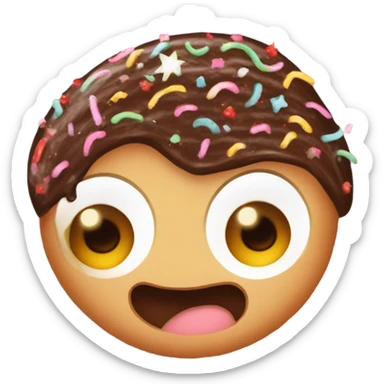 a chocolate swiss roll cake with frosting zigzags as hair and and 2 eyes and a mouth with sprinkle stars as freckles sticker