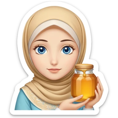Turkish beautiful finish Konya girl blue eyes with honey pastel hijab islamic dress and had on her hand honey sticker