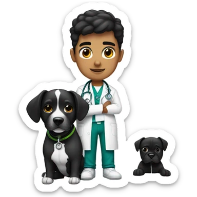 Young Mexican doctor with big black boxer dog with white face sticker