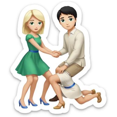 Man, black Hair, blue eyes, whole body, Woman, bending knees, blonde, green eyes, White Dress, sticker