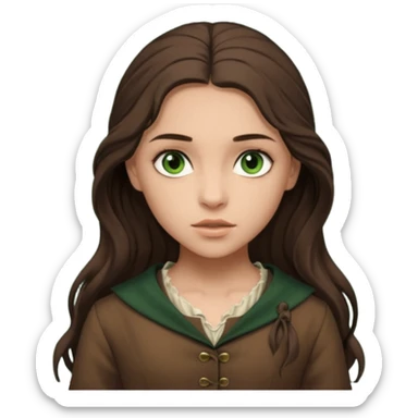 Eponine From Les Miserables with light skin, green eyes, Dark Brown long Hair, brown outfit sticker