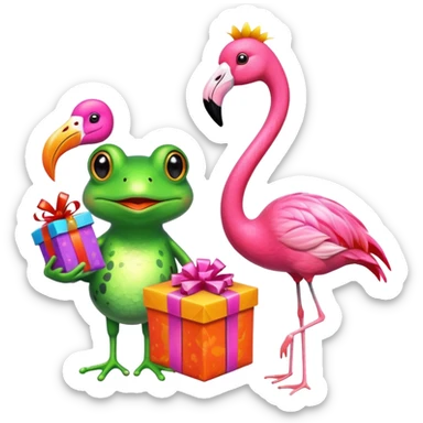 Frog and flamingo w presents sticker