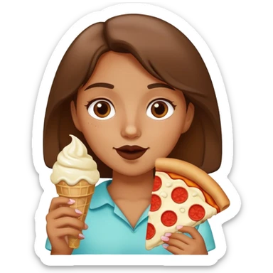 A girl eating an ice-cream and a pizza sticker