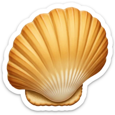 A madeleine pastry. Oval seashell shape with ONLY four to five vertical lines going in the same direction. Light golden brown. Scalloped edge. Cookie. Flat. Long. Oval shape. Lets scallops. Only four or five scalloped lines sticker