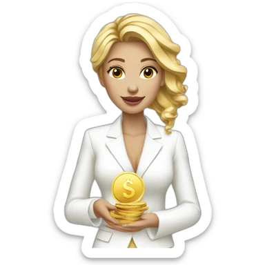 Posh-woman-with-white-suit-holding-golden-coins sticker